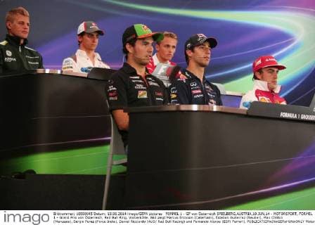FORMEL 1 - GP von Österreich SPIELBERG,AUSTRIA,19.JUN.14 - MOTORSPORT, FORMEL 1 - Grand Prix von Österreich, Red Bull Ring, Vorberichte. Bild zeigt Marcus Ericsson (Caterham), Esteban Gutierrez (Sauber), Max Chilton (Marussia), Sergio Perez (Force India), Daniel Ricciardo (AUS Red Bull Racing) und Fernando Alonso (ESP Ferrari). 