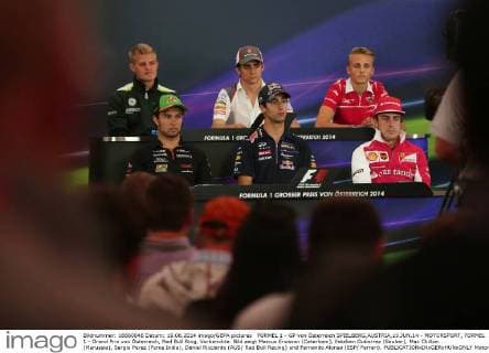 FORMEL 1 - GP von Österreich SPIELBERG,AUSTRIA,19.JUN.14 - MOTORSPORT, FORMEL 1 - Grand Prix von Österreich, Red Bull Ring, Vorberichte. Bild zeigt Marcus Ericsson (Caterham), Esteban Gutierrez (Sauber), Max Chilton (Marussia), Sergio Perez (Force India), Daniel Ricciardo (AUS Red Bull Racing) und Fernando Alonso (ESP Ferrari). 