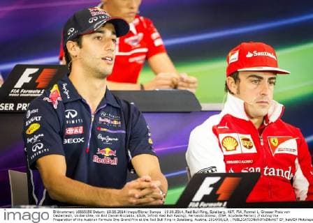 19.06.2014, Red Bull Ring, Spielberg, AUT, FIA, Formel 1, Grosser Preis von Oesterreich, Vorberichte, im Bild Daniel Ricciardo, (AUS, Infiniti Red Bull Racing), Fernando Alonso, (ESP, Scuderia Ferrari) during the Preparation of the Austrian Formula One Grand Prix at the Red Bull Ring in Spielberg, Austria, 2014 06 19, , EP_kuh EX
