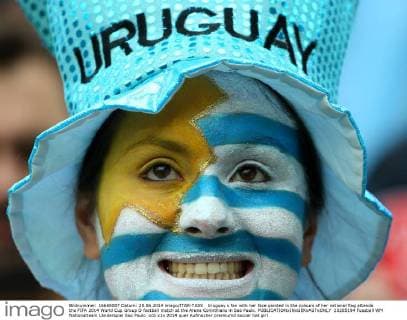 Uruguay s fan with her face painted in the colours of her national flag attends the FIFA 2014 World Cup Group D football match at the Arena Corinthians in Sao Paulo.  20205194