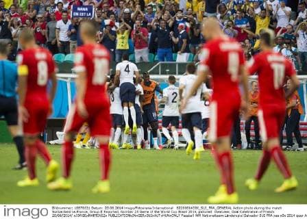 62200614DDI_SUI_FRA_GENERAL Action photo during the match Switzerland vs France, Group E Reported, Number 25 Game of the World Cup Brazil 2014, pictured: Overview, Goal Celebration of French 20 06 2014 xJORGExMARTINEZx 