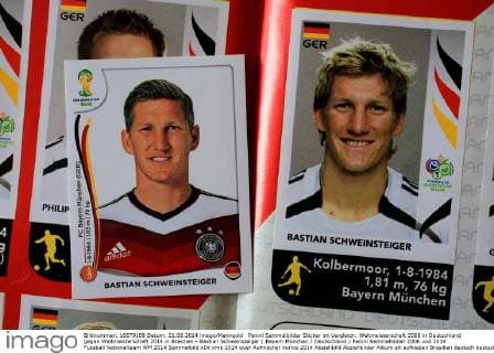 Panini Sammelbilder Sticker im Vergleich: Weltmeisterschaft 2006 in Deutschland gegen Weltmeisterschaft 2014 in Brasilien - Bastian Schweinsteiger ( Bayern München Deutschland ) Panini Sammelbilder 2006 und 2014