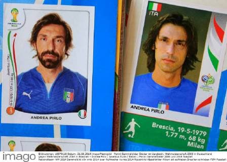 Panini Sammelbilder Sticker im Vergleich: Weltmeisterschaft 2006 in Deutschland gegen Weltmeisterschaft 2014 in Brasilien - Andrea Pirlo ( Juventus Turin Italien ) Panini Sammelbilder 2006 und 2014