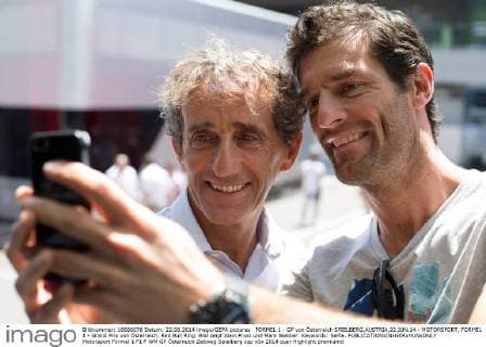 FORMEL 1 - GP von Österreich SPIELBERG,AUSTRIA,22.JUN.14 - MOTORSPORT, FORMEL 1 - Grand Prix von Österreich, Red Bull Ring. Bild zeigt Alain Prost und Mark Webber. Keywords: Selfie. 