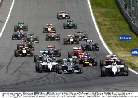 Motorsports: FIA Formula One World Championship 2014, Grand Prix of Austria, start, mass, Masse, Menge, viele, many, 19 Felipe Massa (BRA, Williams Martini Racing), 6 Nico Rosberg (GER, Mercedes AMG Petronas F1 Team), 77 Valtteri Bottas (FIN, Williams Martini Racing), xHOCHxZWEIx