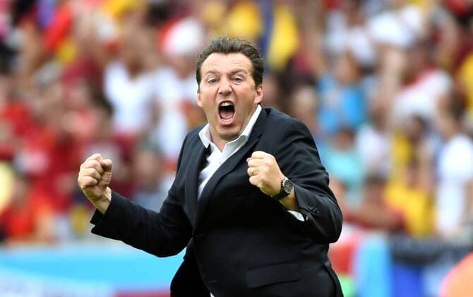 (140622) -- RIO DE JANEIRO, June 22, 2014 (Xinhua) -- Belgium s coach Marc Wilmots celbrates the goal during a Group H match between Belgium and Russia of 2014 FIFA World Cup at the Estadio do Maracana Stadium in Rio de Janeiro, Brazil, June 22, 2014.(Xinhua Wang Yuguo) (SP)BRAZIL-RIO DE JANEIRO-WORLD CUP 2014-GROUP H-BELGIUM VS RUSSIA 