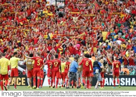 RIO DE JANEIRO: Belgium s players celebrate with supporters after winning 1-0 a soccer game in Rio de Janeiro, the second game in Group H of the first round of the 2014 FIFA World Cup, Sunday 22 June 2014. BRUNOxFAHY  premiumd Highlight 04214351