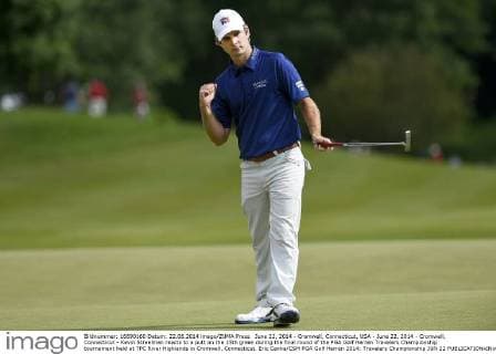 June 22, 2014 - Cromwell, Connecticut, USA - June 22, 2014 - Cromwell, Connecticut - Kevin Streelman reacts to a putt on the 15th green during the final round of the PGA Golf Herren Travelers Championship tournament held at TPC River Highlands in Cromwell, Connecticut. Eric Canha CSM PGA Golf Herren 2014: Travelers Championship JUN 22 - ZUMAc04