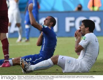 Uruguay s Luis Suarez (R) and Giorgio Chiellini reacts during a Group D match between 