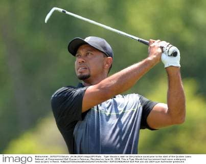 Tiger Woods is seen on the practice round prior to the start of the Quicken Loans National, at Congressional Golf Course in Potomac, Maryland on June 24, 2014. This is Tiger Woods first tournament back since undergoing back surgery in March.  WAP20140624319