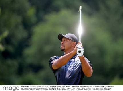 Tiger Woods is seen on the practice round prior to the start of the Quicken Loans National, at Congressional Golf Course in Potomac, Maryland on June 24, 2014. This is Tiger Woods first tournament back since undergoing back surgery in March.  WAP20140624323