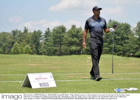 Tiger Woods is seen on the practice round prior to the start of the Quicken Loans National, at Congressional Golf Course in Potomac, Maryland on June 24, 2014. This is Tiger Woods first tournament back since undergoing back surgery in March.  WAP20140624324