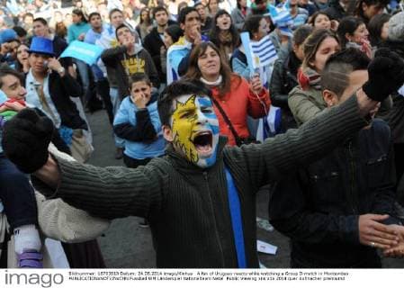A fan of Uruguay reacts while watching a Group D match in Montevideo 