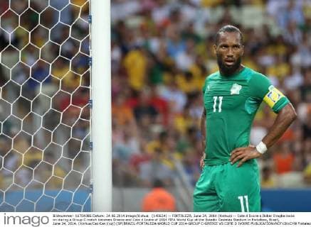 (140624) -- FORTALEZA, June 24, 2014 (Xinhua) -- Cote d Ivoire s Didier Drogba looks on during a Group C match between Greece and Cote d Ivoire of 2014 FIFA World Cup at the Estadio Castelao Stadium in Fortaleza, Brazil, June 24, 2014. (Xinhua Cao Can)(xzj) (SP)BRAZIL-FORTALEZA-WORLD CUP 2014-GROUP C-GREECE VS COTE D IVOIRE 