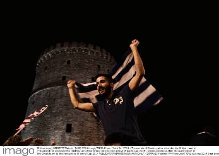 June 24, 2014 - Thousands of Greeks gathered under the White tower in Thessaloniki to celebrate the qualification of the Greek team to next phase of World Cup 2014 . Greeks celebrate after the qualification of the Greek team to the next phase of World Cup 2014  - ZUMAn23