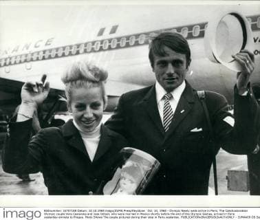 Oct. 10, 1968 - Olympic Newly weds arrive in Paris; The Czechoslovakian Olympic couple Vera Caslavska and Jose Odlozil, who were married in Mexico shortly before the end of the Olympic Games, arrived in Paris yesterday enroute to Prague. Photo Shows The couple pictured during their stop in Paris yesterday.  - ZUMAk09