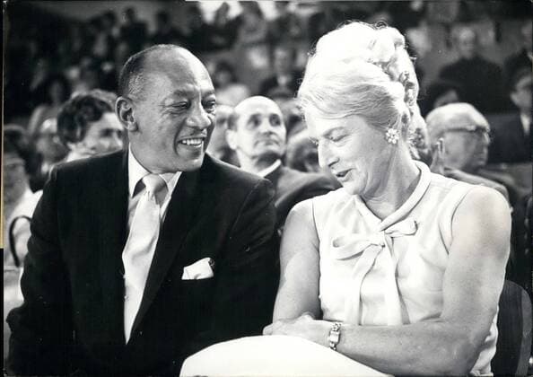 Mar. 03, 1969 - Olympia-Show in Munich: The start of a world wide Olympia publicity for Munich 1972 was the Olympia-Show which took place in the Munich Bayernhaalle (Bavaria Hall) on 8th March, 1969. Among the starts of the evening were Jesse Owens, quadruple gold medal winner (among others the 100 meters) of the Olympic Games in Berlin 1936; two other quadruple gold medal winners; Fanny Blankers Koen, winner of the 100 meters in London 1948, and Vera Caslavska, winner of the gymnastics contest in Mexico 1968, and last not least Armin Hary, Germany s winner of the 100 meters at the Olympic games in Rome 1960. A total of 113 winners of Olympic games took part in that show . Photo Shows Jesse Owens talking to Fanny Blankers-Koen  - ZUMAk09