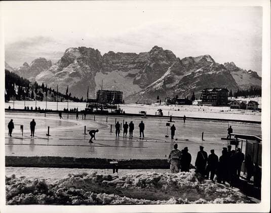 Feb. 01, 1956 - Winter Olympic Games At Cortina. Russian Wins Speed Skating 5,000 Metres Event. Photo shows General view of the skating rink as Boris Shilkov of Soviet Russia passes the finishing line to win the 5,000 metres speed skating event in 7 min. 48.7 secs. during the Winter Olympic Games at Cortina.  - ZUMAk09