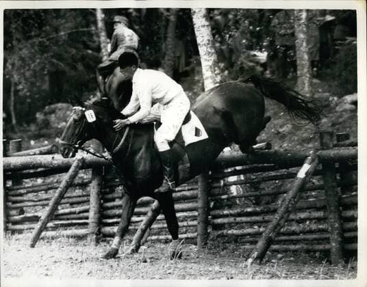 Jun. 06, 1956 - Taking a jump in the Olympic endurance test: Photo shows Klaus Wagner, of Germany, seen taking a jump, during the cross country phase of the Equestrian Olympic Games Endurance Test - at Stockholm.  - ZUMAk09