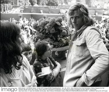Jun. 29, 1973 - Hero Worship form the Wimbledon Weeny Boppers for the Swedish Blonde player Bjorn Borg: Photo shows an expression of adoration on the faces of these youngsters as they gather around their new-found idol, 17-year-old Swedish tennis star, Bjorn Borg at Wimbledon today.  - ZUMAk09