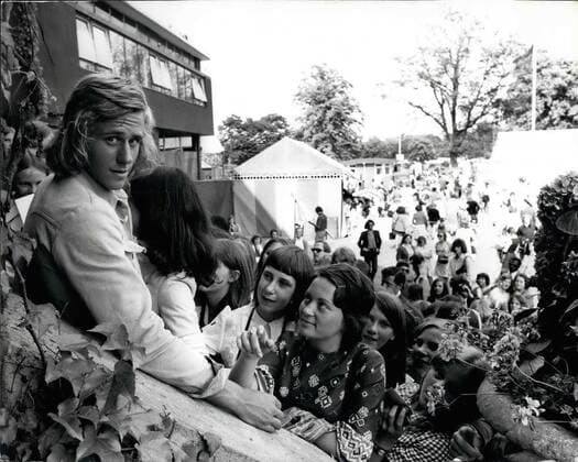 Jun. 06, 1979 - HERO WORSHIP FROM THE WIMBLEDON WEENY BOPPERS FOR THE SWEDISH BLONDE PLAYER BJORN BORG PHOTO SHOWS: An expression of adoration on the faces of these youngsters as they gather around their new-found idol, 17-year-old Swedish tennis star, BJORN BORG at Wimbledon today.  - ZUMAk09
