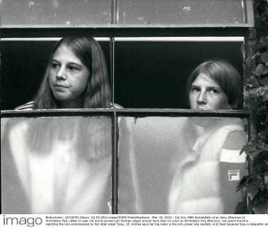 Mar. 02, 2012 - 1st July 1980 AndreaÃ¢â‚¬â ¢s rainy afternoon at Wimbledon Ã¢â‚¬âÄœ 15 year old tennis wonder-girl Andrea Jaeger should have been on court at Wimbledon this afternoon, but spent the time watching the rain accompanied by her older sister Susy, 18. Andrea says her big sister is the only player she canÃ¢â‚¬â ¢t beat because Susy is telepathic and knows exactly what Andrea is going to do. When the rain stopped Andrea went out to meet Chris Evert Lloyd and lost 6-1, 6-1. Photo Shows: Andrea Jaeger (right) watches the rain with her older sister Susy.  - ZUMAk09