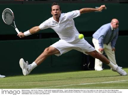 Czech Radek Stepanek returns in his match on day three of the 2014 Wimbledon Championships in London on June 25, 2014.  LON2014062528