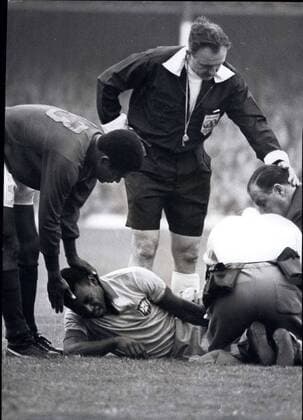Jul. 19, 1966 - World Cup Football. Portugal vs. Brazil.: Photo shows Brazilian star Pele, seen in agony on the ground after being injured in a tackle - during last night s World Cup match between Portugal and Brazil at Goodison Park, Liverpool, which Portugal won 3-1.  - ZUMAk09