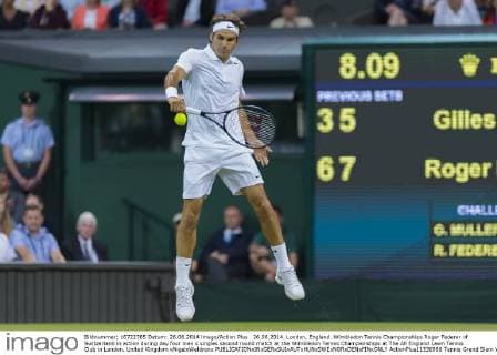 26.06.2014. London, England. Wimbledon Tennis Championships Roger Federer of Switzerland in action during day four men s singles second round match at the Wimbledon Tennis Championships at The All England Lawn Tennis Club in London, United Kingdom xNigelxWaldronx  ActionPlus11536986