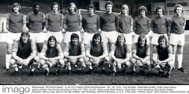Apr. 18, 2012 - Cup Finalists - West Ham United: Photo Shows Group picture of West Ham United Wembley on May 3rd. 1975. (L to R - Back rows): Keith Robson; Clyde Best; Trevor Brooking; Billy Bonds; Bobby Ferguson; Mervyn Day; Kevin Lock; Pat Holland; John McDowell; and Mick McGiven. (L to R - Front Row): Tommy Taylor; Keith Coleman; Keith Colemabn; Bobby Gould; Frank Lmapard; Alan Taylor; Graham Paddon and Billy Jennings.  - ZUMAk09