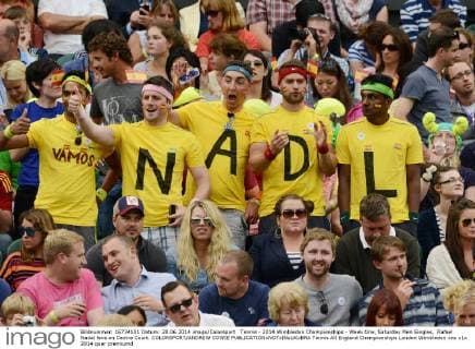 Tennis - 2014 Wimbledon Championships - Week One, Saturday Men Singles, Rafael Nadal fans on Centre Court. COLORSPORT ANDREW COWIE 