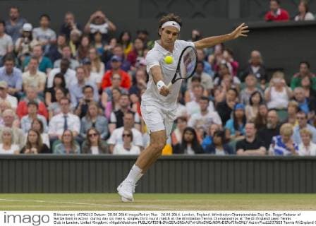 28.06.2014. London, England. Wimbledon Championships Day Six. Roger Federer of Switzerland in action during day six men s singles third round match at the Wimbledon Tennis Championships at The All England Lawn Tennis Club in London, United Kingdom. xNigelxWaldronx  ActionPlus11537663