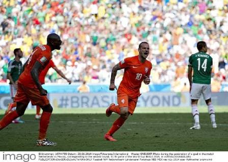 Wesley SNEIJDER Photo during the celebration of a goal in the match Netherlands vs Mexico, corresponding to the second round, 51 th game of the World Cup Brazil 2014, in xOSVALDOxAGUILARx 