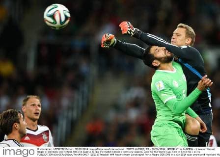 PORTO ALEGRE, RS - 30 06 2014: GERMANY vs ALGERIA - 1 keeper Manuel Neuer of Germany and 5 Rafik Halliche Algeria during the match between Germany-Algeria, valid for the World Cup, held in Beira Rio ( x(3)x  (25236)