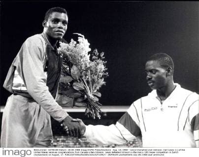 Aug. 18, 1988 - Lewis triumphed over Johnson: Carl Lewis (l.) of the United States receives congratulations from Canada s Ben Johnson. Lewis defeated Johnson in the men s 100 meyer competition in Zurich (Switzerland) on August, 17.  - ZUMAk09