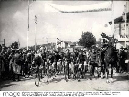 Jun. 28, 1953 - It happened fifty years ago: The start of the first tour De France in June 1903 was enacted at Montgeron yesterday on the spot where the first Road Giants started on their round through France.  - ZUMAk09