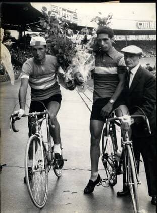 Jul. 07, 1961 - The Tour De France Bicycle Race Won By Anquetil: Jacques Anquetil (France) was crowned King of the 48th Tour De France Bicycle race at the Parc des Princes Yesterday. Photo shows Left to right after the arrival at Paris Parc Des Princes: Carlesi (Italy who was second), The Winner Jacques Anquetil and Charly Gaul (3rd)  - ZUMAk09