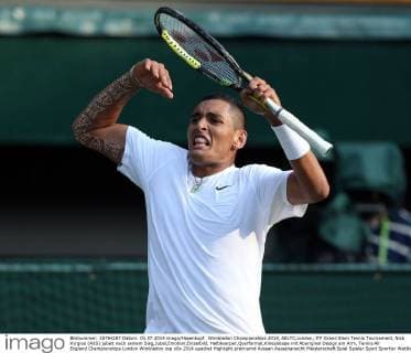 Wimbledon Championships 2014, AELTC,London, ITF Grand Slam Tennis Tournament, Nick Kyrgios (AUS) jubelt nach seinem Sieg,Jubel,Emotion,Einzelbild, Halbkoerper,Querformat,Kinesiotape mit Aboriginal Design am Arm,