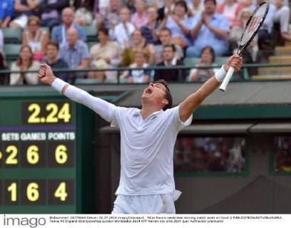 Milos Raonic celebrates winning match point on Court 1 