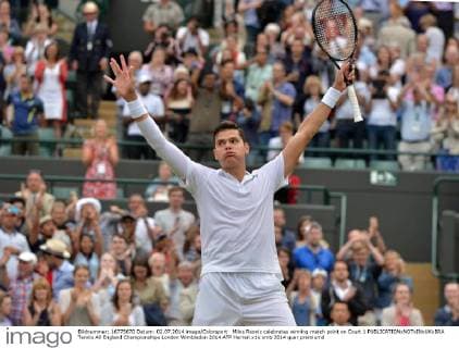 Milos Raonic celebrates winning match point on Court 1 