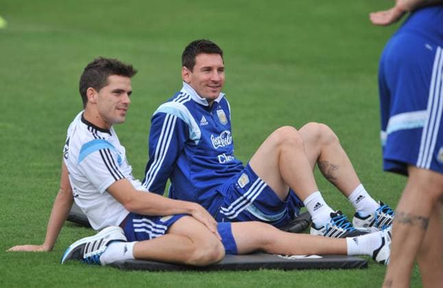 Lionel Messi and Fernando Gago. Training team Argentina. FIFA World Cup 2014 July 2, 2014 Estate of Belo Horizonte.