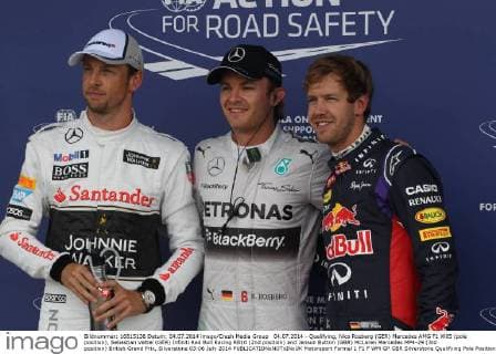 04.07.2014 - Qualifying, Nico Rosberg (GER) Mercedes AMG F1 W05 (pole position), Sebastian Vettel (GER) Infiniti Red Bull Racing RB10 (2nd position) and Jenson Button (GBR) McLaren Mercedes MP4-29 (3rd position) British Grand Prix, Silverstone 03-06 July 2014 