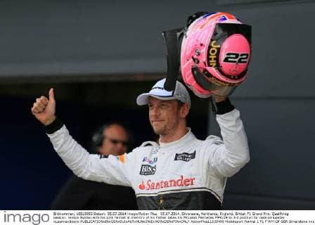 05.07.2014. Silversone, Northants, England. British F1 Grand Prix, Qualifying session. Jenson Button with his pink helmet in memory of his Father takes his McLaren Mercedes MP4 29 to 3rd position for race on sunday xLeannexBoonx  ActionPlus11539498