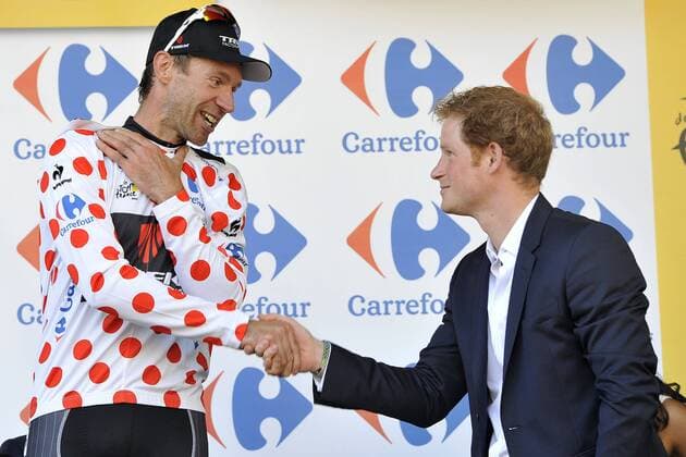 Prince Harry hands out the mountain jersey to VOIGT Jens (GER - TREK FACTORY RACING) during the podium : Tour de France - 1. Stage - Leeds Harrogate - 05 07 2014 PhotoNews Panoramic 