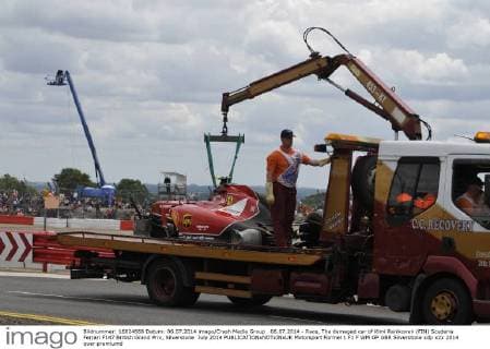 06.07.2014 - Race, The damaged car of Kimi Raikkonen (FIN) Scuderia Ferrari F147 British Grand Prix, Silverstone July 2014 