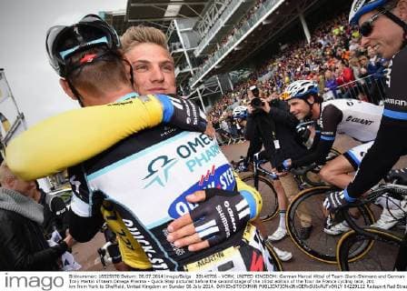 20140706 - YORK, UNITED KINGDOM: German Marcel Kittel of Team Giant-Shimano and German Tony Martin of team Omega Pharma - Quick Step pictured before the second stage of the 101st edition of the Tour de France cycling race, 201 km from York to Sheffield, United Kingdom on Sunday 06 July 2014. DAVIDxSTOCKMAN  04229112