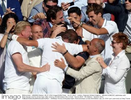 July 6, 2014 - London, England, United Kingdom - NOVAK DJOKOVIC celebrates with Boris Becker and his whole team after winning the Wimbledon Men s Final. Tennis 2014 - Wimbledon - Djokovic Wins  - ZUMAap2