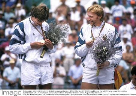 BECKER Boris und STICH Michael Doppel Team GER Olympiasieger Olympischen Sommerspiele 1992 in Barcelona in Spanien Tennis Finale Doppel der Maenner am 17. August 1992 in Barcelona 
