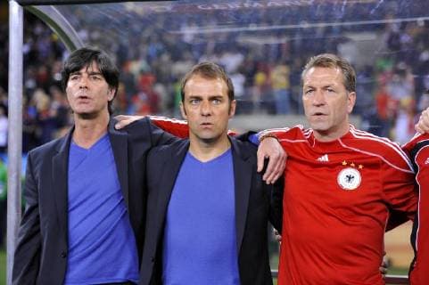 LOEW Joachim Bundestrainer Team Deutschland mit Co-Trainer Hans-Dieter FLICK und Andreas KOEPKE FIFA Fussball Weltmeisterschaften 2010 in Sued Afrika Halbfinale Deutschland - Spanien 0 : 1 im Durban Stadion in Durban am 07.Juli 2010 