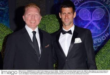 Wimbledon Champions Dinner London UK. 060714. Boris Becker and Novak Djokovic at The Wimbledon Champions Dinner held at The Royal Opera House, London. 6 July 2014 LMK392-49011-070714 